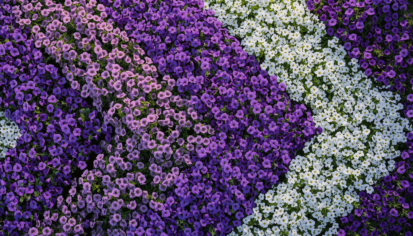 Modernes Blumenbeet mit violetten und weißen Blüten in geometrischer Anordnung
