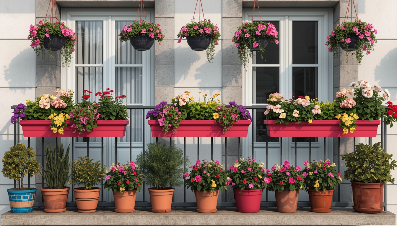 Gemütlicher Balkon mit hängenden Pflanzen und bunten Blumenkästen