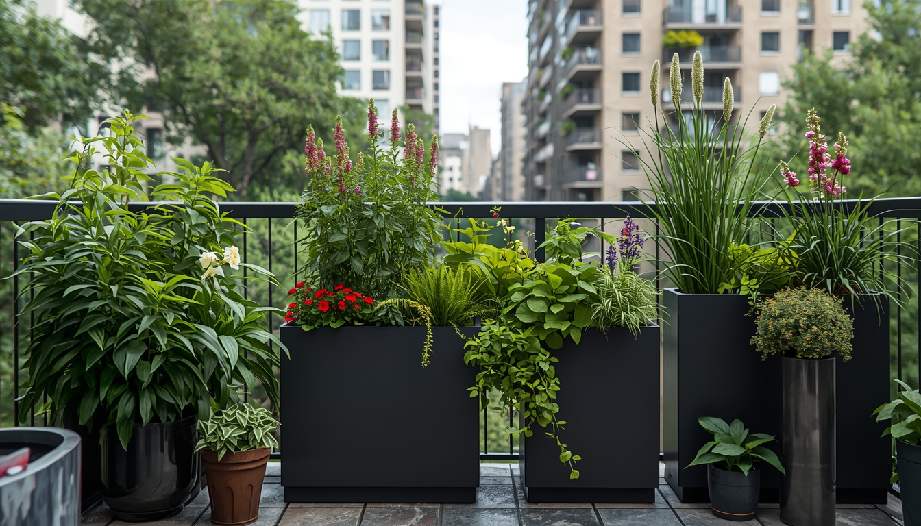 Üppig bepflanzter Stadtbalkon mit verschiedenen Blumen und Kräutern in modernen Pflanzgefäßen